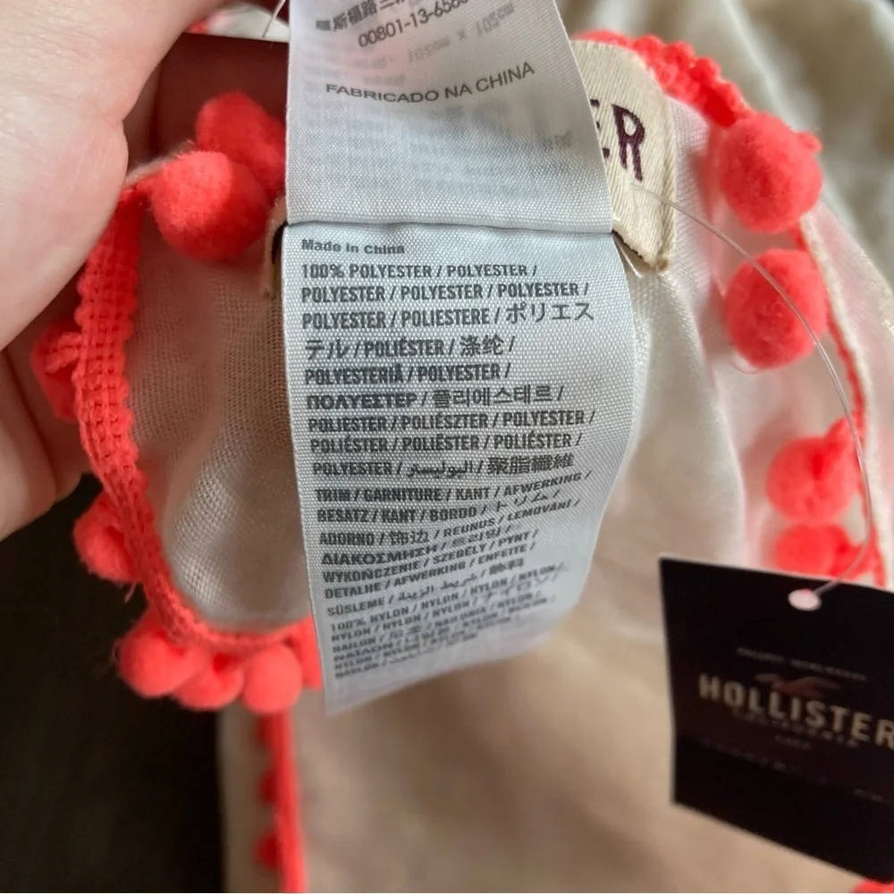 NWT Hollister Cream Square Light Scarf with Neon Pink Pom Poms